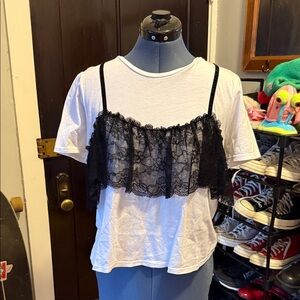 Zara Women's White and Black Lace Overlay Top